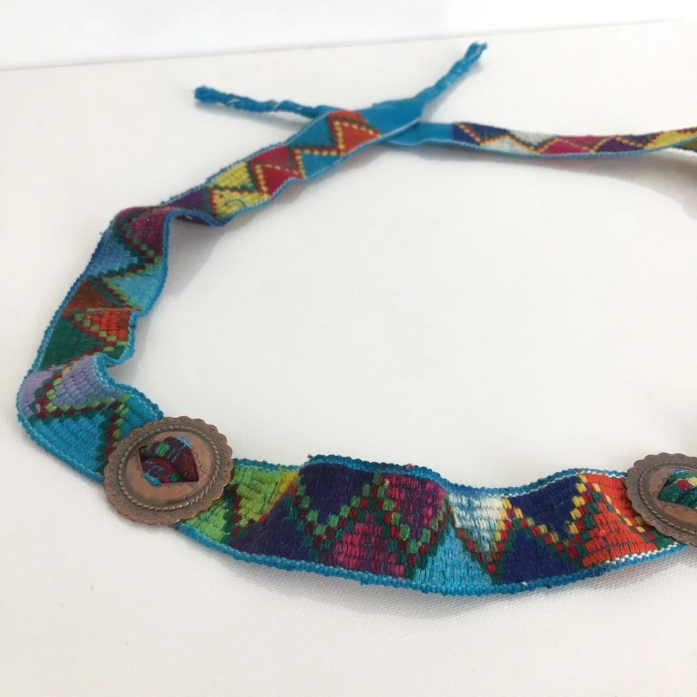 Vintage Colorful Western Handwoven Belt Copper Conchos Cowgirl Festival Tribal